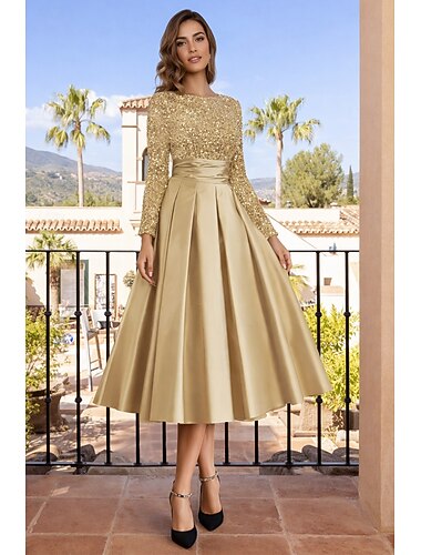  A-lijn Over de knie Cocktailjurken Feestjurken Elegant Glitter Lange mouw Strakke ronde hals Kerstmis Bruiloft gast Satijn Fluweel met Plooien Pailletten