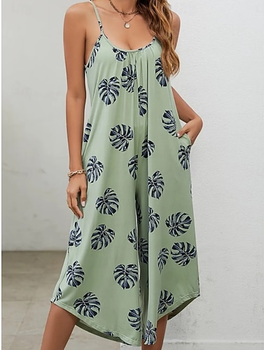  Dame Kjeledresser Aktiv Blomstret Ermeløs V-hals Trykt mønster Daglig Feriereise Løstsittende Grønn Grå Sommer