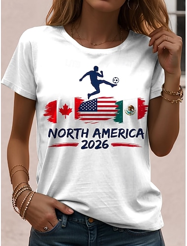  Weltfußballspiel 2026 Damen T-Shirt Print Grafik Stilvoll Klassisch Freizeit Kurzarm Rundhals Reguläre Oberteile Tägliche Sport Blau Schwarz Weiß Sommer Frühling