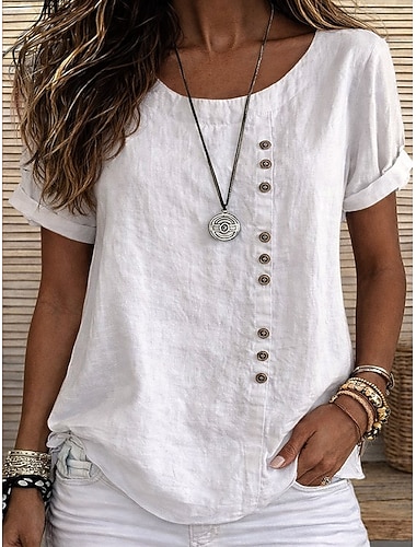  Dámské Tričko Bavlněné plátěné tričko Tričko Top Knoflíky Bez vzoru Módní stylové Klasické Krátký rukáv Tričkový Běžné topy Denní Jdeme ven Víkend Vodní modrá Bílá Žlutá Armádní zelená Námořnická modř