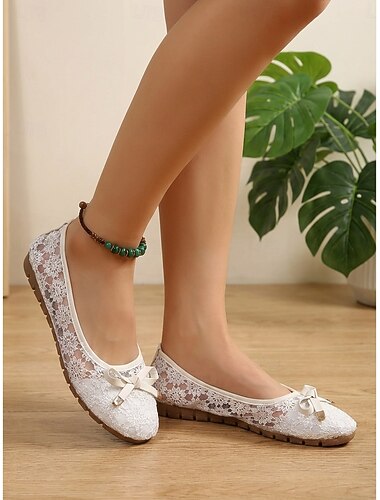  Dames ballerina's met witte kanten details - comfortabele instapschoenen van mesh met strikversiering voor op kantoor en dagelijks gebruik. &professionele kleding