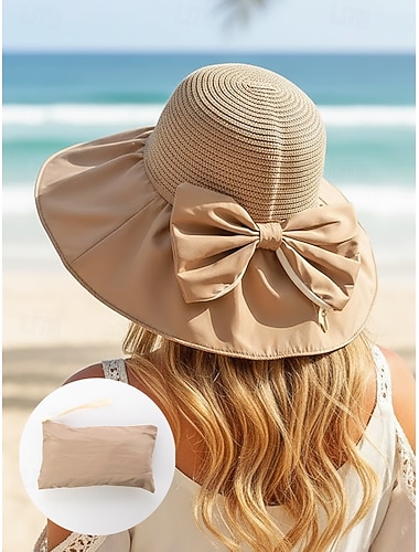  Dame bohemsk sammenleggbar solhatt med oppbevaringspose, bærbar polyester strandhatt med bred brem i flere farger for hverdagsbruk, reise, ferie og feriested