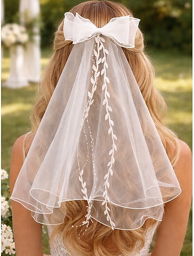  Velo da sposa in pizzo di poliestere da donna con fiocco, elegante accessorio per capelli da sposa e da festa, multistrato