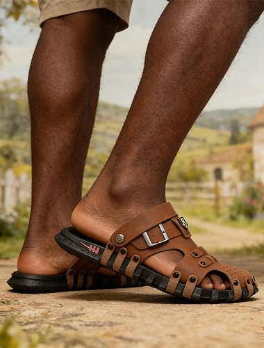  Sandales marron pour homme à bout ouvert – chaussures de loisirs d'extérieur, voyages d'été, brides respirantes en similicuir