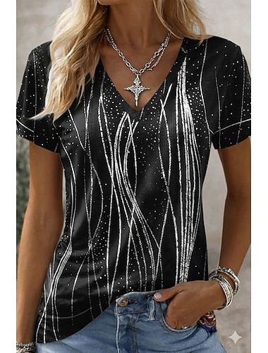  Damen-T-Shirt mit lustigen Sprüchen, abstraktem Vintage-Design, stylisch, lässig, Kurzarm, V-Ausschnitt, normales Oberteil, für Alltag, Ausgehen, Wochenende, silber/schwarz/silber/schwarz+blau,