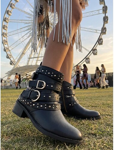  Botines negros con tachuelas para mujer con múltiples correas con hebillas: diseño vanguardista para looks casuales y de noche