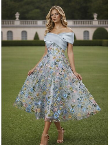  A-Linie Knöchellänge Tee-Länge Cocktailkleider Elegant Vintage Blumen Kurzarm Schulterfrei Gartenparty Hochzeit Tasche Satin Spitze mit Blumenmuster Gestickte Blume Stickerei