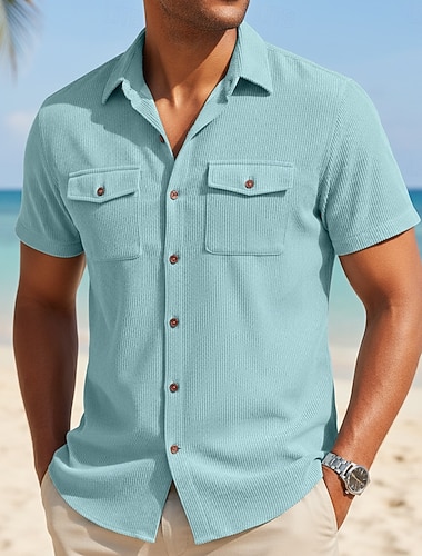  男性用 シャツ カジュアルシャツ コーデュロイシャツ ボタンアップシャツ ブラック ホワイト イエロー ネイビーブルー ブラウン 半袖 純色 平織り テクスチャード加工 シャツカラー カジュアル 日常 フロントポケット 衣類 エレガント ファッション カジュアル