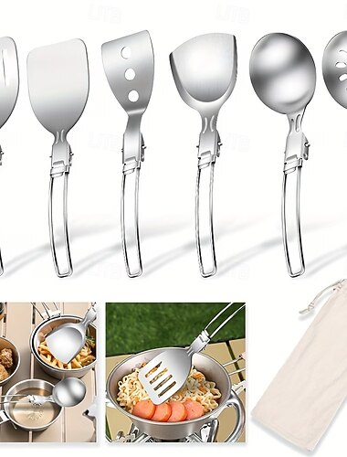  Ensemble de cuisine pliable portable 7 pièces pour le camping en extérieur &Ensemble d'ustensiles en acier inoxydable 304 durable comprenant une louche, une cuillère à égoutter, une spatule à riz, une