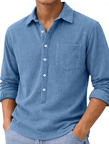  Per uomo Camicia Camicia popover Camicia casual Camicia di Velluto a Coste Blu Giallo Rosso Manica Lunga Semplice Colletto a Camicia Casuale Quotidiano Tasca Frontale Abbigliamento Elegante Moda