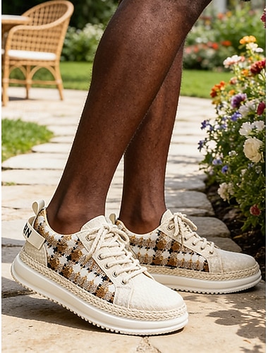  Beige herresneakers i kanvas med snøring, komfortable og lette, pustende design for utendørsanlegg, ferie og daglig bruk