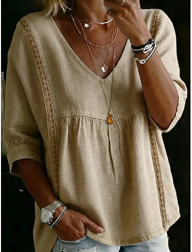  בגדי ריקוד נשים חולצה חולצת פשתן דמוית פשתן חלול חיצוני צבע אחיד יומי בסיסי יום יומי שרוול 4\3 צווארון V חולצות רגילות יומי פול שחור לבן צהוב תלתן קיץ אביב סתיו