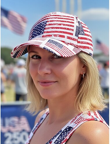  Casquette de baseball patriotique pour femme en polyester, imprimé drapeau américain multicolore, taille ajustable, idéale pour le 250e anniversaire des États-Unis, la fête nationale et au quotidien.
