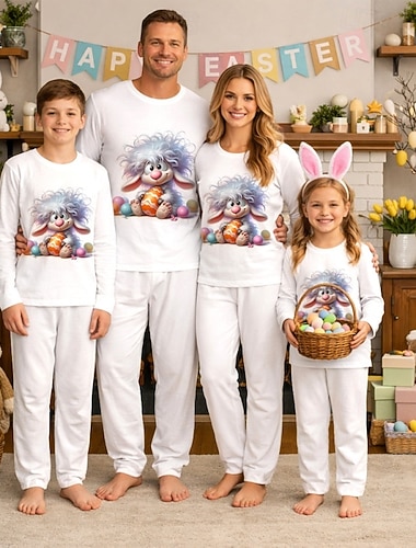  משפחה פסחא פיג'מות גראפי אַרנֶבֶת קזו'אל דפוס לבן שרוול ארוך חופשה תלבושות תואמות