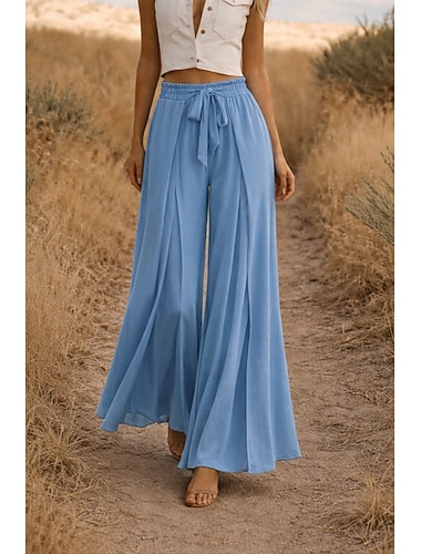  Damen Kunstbaumwollleinen Weites Bein Hose Freizeithose Urlaub Mode Streetwear Volle Länge Hohe Taille Einfach Kordelzug Elastischer Bund Komfort Bequem Unelastisch Täglich Urlaub Straße Kamel