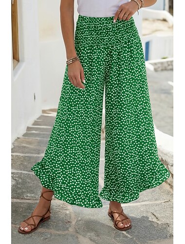  Mulheres Perna larga chinês Moda Roupa de rua Comprimento total Cintura Alta Poá Bolsos Cintura elástica Imprimir Confortável Macio Micro-Elástica Ao ar livre Rua Preto Vermelho Verde Primavera Outono