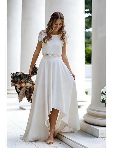  Robes de Mariage Plage Petites Robes Blanches Robes de Mariage Deux Pièces Col Bateau Manches Courtes Asymétriques Dentelle Costumes de Mariée Robes de Mariée Avec Couleur Unie