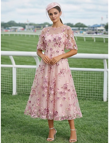  A-linje Kjoler Ankellengde Te-lengde Maxikjole Festkjole Cocktail Kjole Kjole til brudens mor Kortermet Halvlange ermer Crew-hals Illusjon Hals Elegant Årgang Luksuriøs Formell Bryllupsgjest Kentucky
