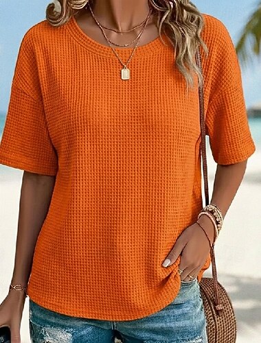  Dames wafelgebreide tops, klassieke T-shirt top, effen kleur, moderne casual, korte mouwen, ronde hals, normale tops, dagelijks, vakantie, uitgaan, zwart, wit, geel, roze, bordeauxrood, zomer, lente