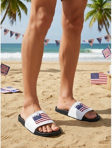  صنادل رجالية مفتوحة من الأمام بتصميم وطني - شباشب شاطئية خفيفة الوزن مزينة برسومات العلم الأمريكي، مثالية للعطلات، وحمامات السباحة، والمنتجعات، والارتداء اليومي في فصل الصيف