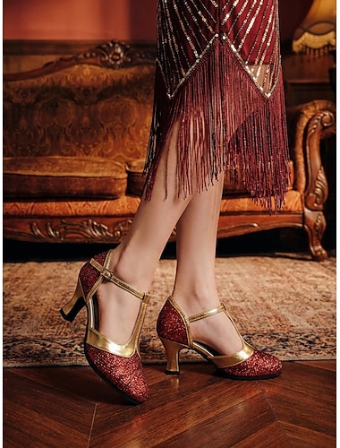  1920年代のギャツビーフラッパーシューズ（レディース） - エレガントなバーガンディグリッター &ヴィンテージなキトンヒールのゴールドメタリックメリージェーンパンプス &社交ダンス、テーマパーティー用のTストラップ &結婚式