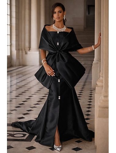  Trompet zeemeermin Hofsleep Avondjurken Elegant Halve mouw Schouderafhangend Formeel Satijn met Strik(ken) Split