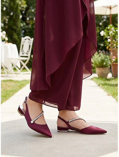  Roze damesschoenen met spitse neus en slingback, versierd met een bandje met strasssteentjes, elegante schoenen voor de moeder van de bruid bij een tuinbruiloft, comfortabele platte schoenen voor