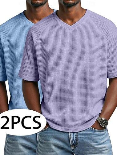  2er-Pack Herren-Waffel-T-Shirts, Kurzarm, V-Ausschnitt, Sommer, einfarbig, strukturiert, modisches Designerstück, lässig, 2er-Pack, Raglanärmel, weiß/schwarz, für Herren