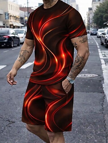  Herre Geometrisk Linje 2stk T-skjorter sett Sommertopper Kortermet Korte bukser Crew-hals Fritid trendy Daglig utendørs Feriereise 3D-utskrift Sommer Blå Rød Brun
