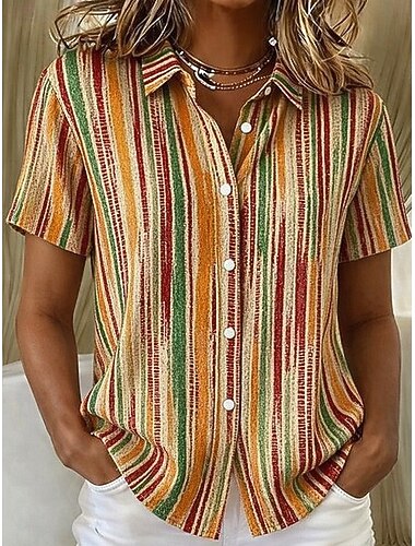  Dames Overhemd Grafisch Geometrisch Gestreept Vintage Tropisch Stijlvol Korte mouw Overhemdkraag Normale tops Dagelijks Grijs-Groen Blozend Roze Paars Oranje Groen Zomer Lente