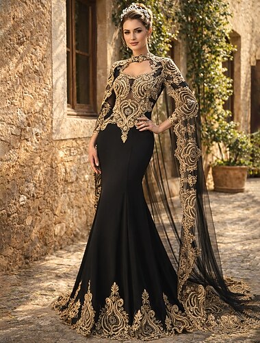  Meerjungfrauenschnitt Hofschleppe Ballkleid mit Cape Abendkleid Festliche Kleidung Vintage Glitzern Glanz & Glamour Langarm Hoher Ausschnitt Halloween Hochzeitsgast Satin Tüll mit Applikationen