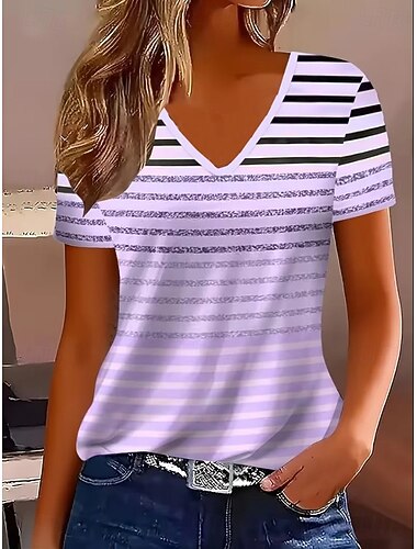  Women's T Shirt Print Striped Graphic Geometric Bohemia Vintage Stylish Short Sleeve V Neck Regular Tops Daily Blue Pink Light Purple Green Summer Spring