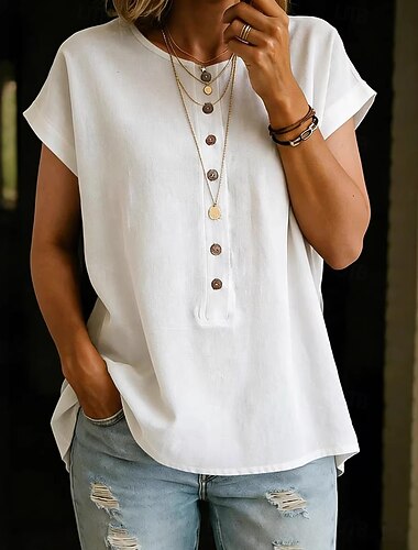  Dames T-shirt Zomer tops Knop Effen Kleur Elegant Vintage Modieus Korte mouw Strakke ronde hals Normale tops Dagelijks Buiten Streetwear Licht Blauw Wit Geel Blozend Roze Marineblauw Zomer Lente