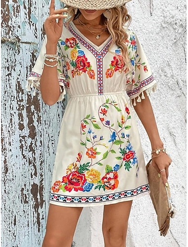  Damen Minikleid Boho-Kleid Freizeitkleid Blumenkleid Elegant Mode Modern Outdoor Urlaub Ausgehen Normale Passform Blumen Kurzarm V Ausschnitt Blau Schwarz Weiß Sommer Frühling
