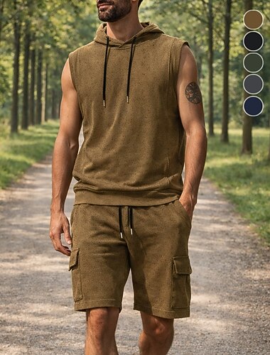  Herren Trainingsanzug Jogginganzug Trainingsanzüge Kordelzug 2 teilig Einfarbig Laufshirt mit Laufhose Sportbekleidungsset Sommer Frühling Schwarz Gelb Fitnesstraining Leger Joggen