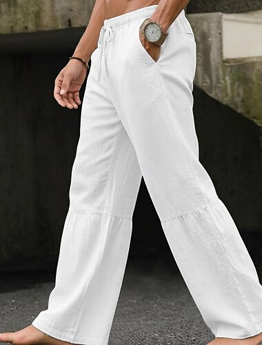  Herren Weite Hosenbeine Leinenhosen Sommerhose Baggy-Hosen Kordelzug Patchwork Elastischer Bund Einfach Komfort Atmungsaktiv Volle Länge Lässig Täglich Outdoor Urlaub Mode Schwarz Weiß Unelastisch
