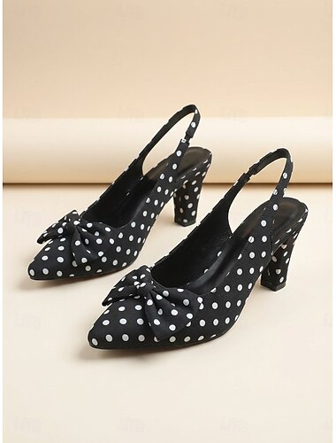  női 1950-es évekbeli retró pöttyös magassarkú - fekete &fehér, hegyes orrú, masni díszítésű, slingback magassarkú cipők vintage partikra, rockabilly rendezvényekre &retró szalagavatók