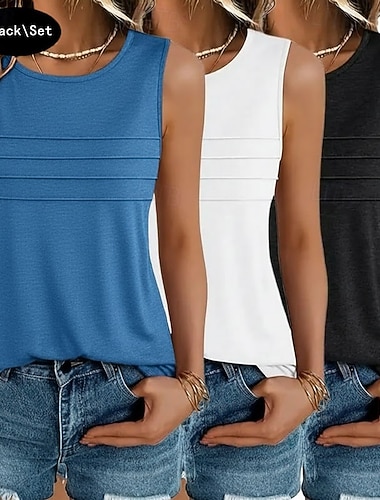  Mehrfachpackungen 3er-Pack Weiblich Rundhals Ärmellos schwarz+weiß+grün Tanktop Weste Ärmelloses Shirt Einfarbig Lässig Täglich Polyester Sommer