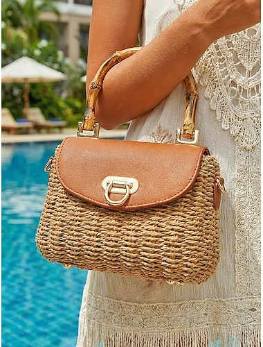  Borsa a mano vintage da donna in paglia intrecciata con manico in bambù, borsa a tracolla in pelle con patta e tracolla regolabile, borsa tote casual per le vacanze estive in spiaggia e per tutti i giorni, disponibile in più colori