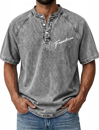  男性用 洗浄済み Freedom Tシャツ デミンシャツ コットン100% アシッドウォッシュシャツ 半袖 ヴィンテージ 苦しめられた カジュアル 家 ストリート 夏 春 秋 ブラック ピンク ライトグリーン グレー ライトブルー スタンド ヘンリー ヘンリーTシャツ