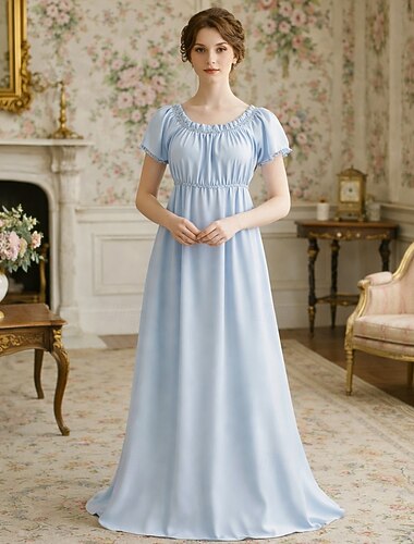  Renaissance 19e eeuw Regency-periode Tot de grond Jurken Korte mouwen Prinses Vriendelijke vrouw Ronde hals Kostuum Dames Koninklijk Halloween Carnaval Renaissance beurs Retro themafeest Volwassenen