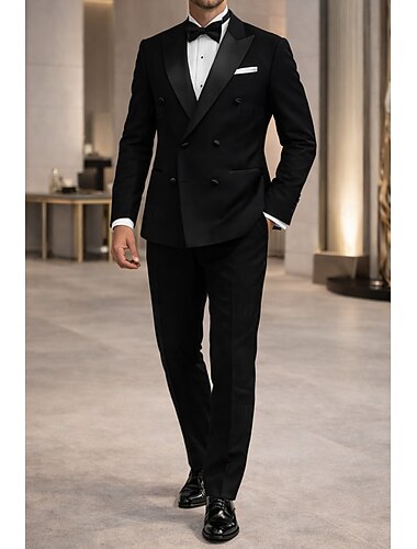  Menn Smokings drakter Fest Bryllup Svart Vår, Høst, Vinter, Sommer Dress Spissjakkeslag Formelt Ensfarget Standard passform 2-delt sett Dobbeltkneppet med seks knapper