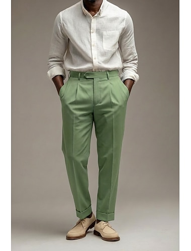  Herren Baumwolle Leinen Anzughose Freizeithose Täglich Geschäft Mode Lässig Weiß Dunkelmarine Salbei Einfarbig Normale Passform Lang Unelastisch