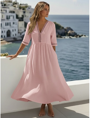  Damen Midikleid 100% Baumwolle Shiftkleid Baumwoll-Leinen-Kleider Freizeitkleid Basic Klassisch Lässig Täglich Outdoor Urlaub Lässiger Schnitt Einfach Halbarm V Ausschnitt Weiß Gelb Rosa Himmelblau