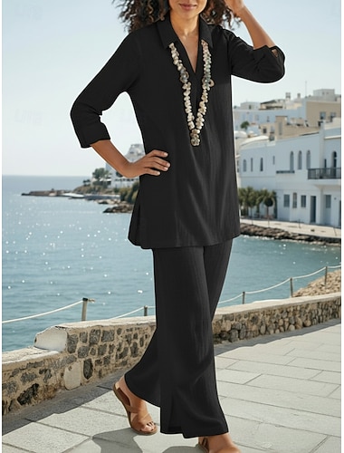  Femmes Ensembles en coton et lin Ensembles de Pantalons manche longue Col de chemise Uni Cuisse fendue Mode Streetwear Occasionnel Quotidien Extérieur Noir bleu marine Chameau Printemps Coupe Ample