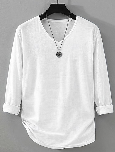  Per uomo Maglietta Maglietta in lino Manica Lunga Scollo a V Estate Primavera Tinta unica Semplice Quotidiano Casual Stile da Strada Puro Casuale All'aperto Streetwear Blu azzurro cielo Nero