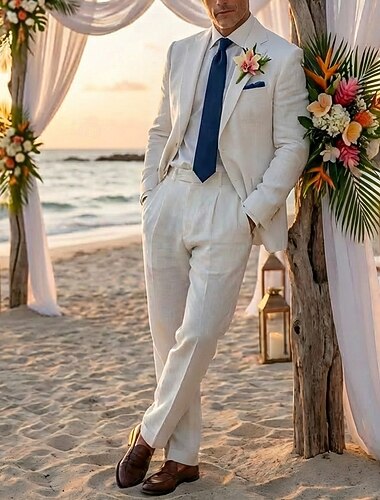  Herren Leinenanzüge Strandhochzeit Geschäft Weiß Rosa Frühling & Sommer Anzug Gekerbtes Revers Geschäftlich Formell Einfarbig Figurbetonter Schnitt 2-teilig Einreihige Zwei-Knopf-Jacke