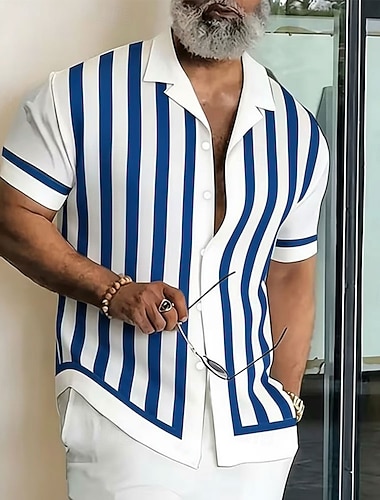  Herren Geometrisch Gestreift Hemd Knopfhemd Camp-Kragenhemd Kurzarm Business-Casual Streetwear Urlaub Sommer Frühling Kubanisches Halsband 3D-Druck Blau Wein Purpur Grün