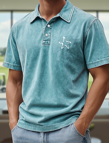  Herren Seestern 100% Baumwolle Poloshirts Acid-Wash-Shirt Kurzarm Polo-Shirts Hemden mit Kragen Hawaiianisch Lässig Outdoor Ferien Urlaubskleidung 3D-Druck Knöpfe Frühling & Sommer Blau Purpur