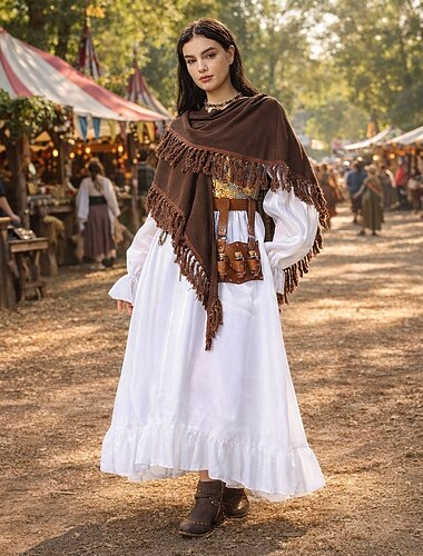  Conjunto Retro Vintage Medieval Renascentista Longo Vestidos Acessórios Xales com acessórios Manga Comprida Bruxa Ranger Bordado Fantasia Mulheres Dia Das Bruxas Carnaval Festa Mascarilha Festa